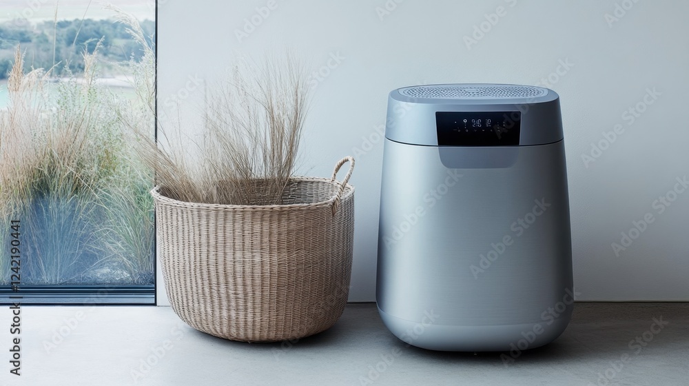 Poster a smart washing machine with a digital display and energy-efficient design, placed next to a laundry