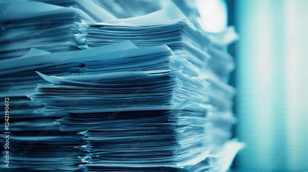 Poster a stack of detailed production reports on a desk, analyzing factory performance metrics.