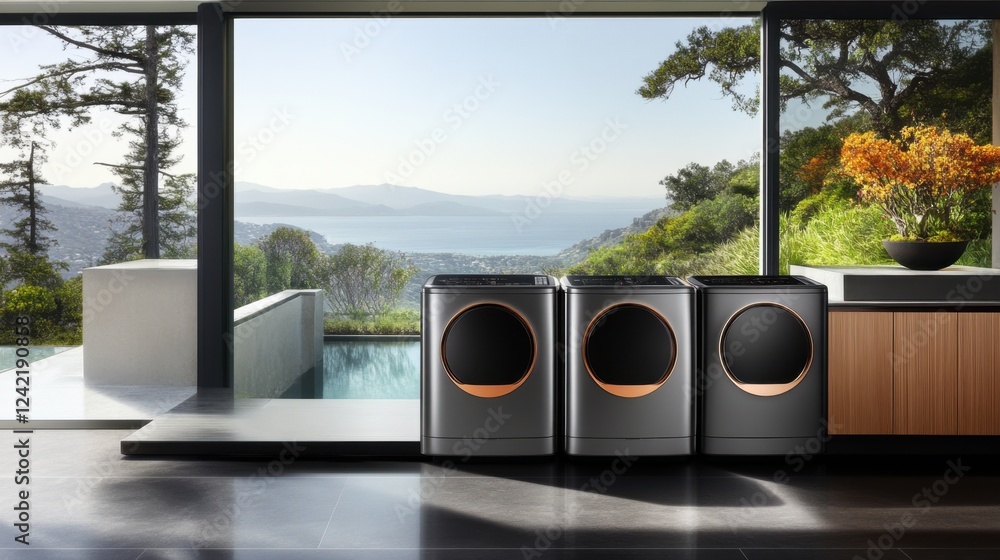 Aufkleber a stylish washing machine with an automatic lint filter system, designed for high-performance washin