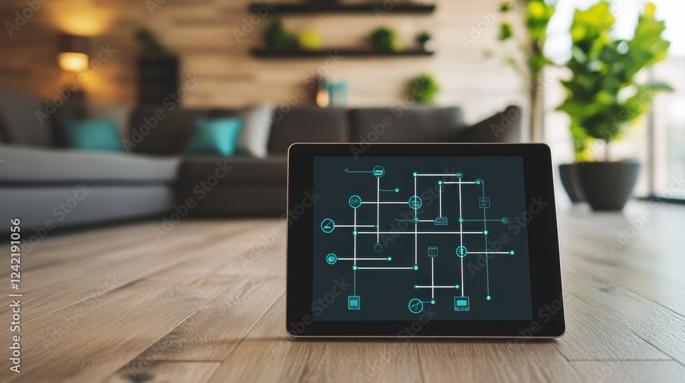 Poster a tablet displaying a digital swimlane diagram representing an optimized business workflow.