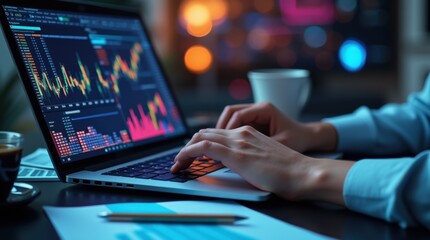 A close-up of a financial analyst&rsquo;s hands working on a laptop displaying colorful graphs and charts. A modern workspace with a coffee cup, papers, and a blurred cityscape in the background.