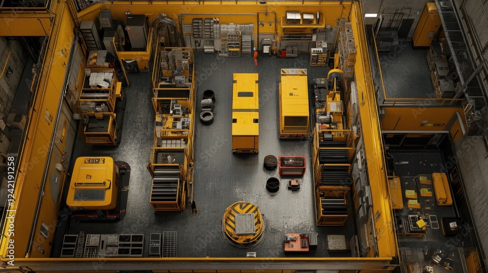 Poster a top-down view of a factory using ai-powered predictive analytics for equipment maintenance.
