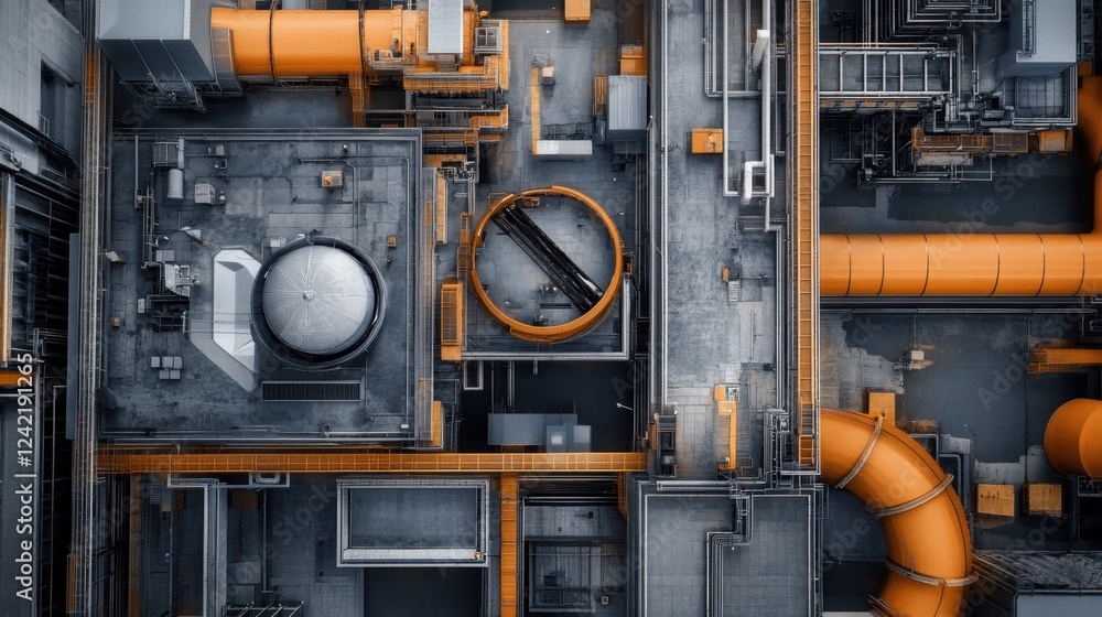 Poster a top-down view of a factory using ai-powered predictive analytics for equipment maintenance.