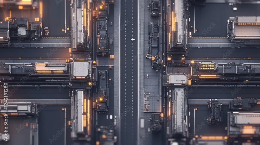 Poster a top-down view of a manufacturing assembly line with robotic arms working in sync.