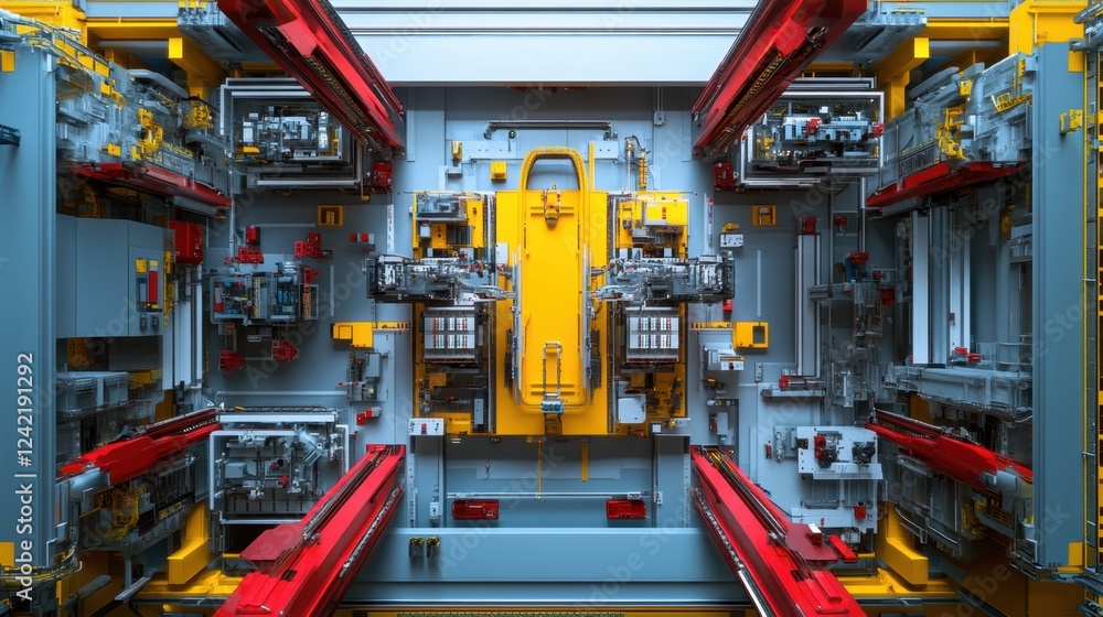 Aufkleber a top-down view of a modern industrial factory with automated robotic arms assembling products on a 
