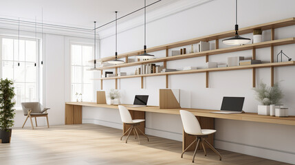 Modern Minimalist Office with Natural Wood Aesthetic and Scandinavian Design Created with Generative AI Technology