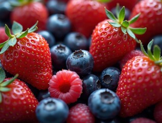 Obraz premium A vibrant close-up of fresh strawberries, raspberries, and blueberries, highlighting their rich colors and natural textures. A delicious and healthy mix of berries, perfect for food and nutrition conc