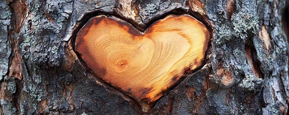 Poster tree trunk with a heart-shaped carving exposing its growth rings