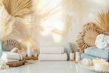 Conjunto de itens de spa com toalhas, velas e elementos decorativos em tons neutros, capturados com luz natural suave, criado com IA generativa.