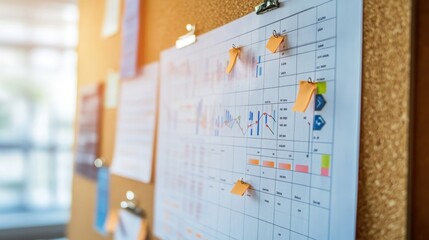 A well-organized corkboard filled with pinned project timelines and goals.