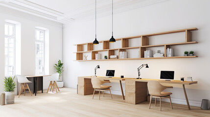 Modern Minimalist Office with Natural Wood Aesthetic and Scandinavian Design Created with Generative AI Technology