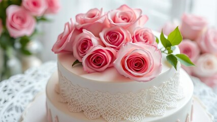 Elegant wedding cake with lace design and pink roses on white background, lace, romantic, pink