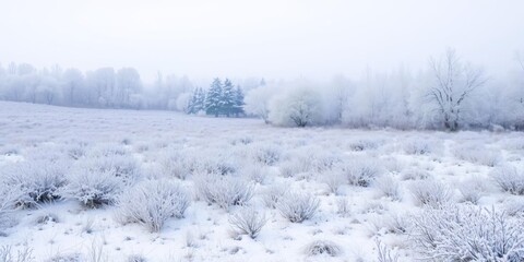 Obraz premium Frost-covered meadows, bushes, and trees in a stunning winter landscape, winter, scenic, frost
