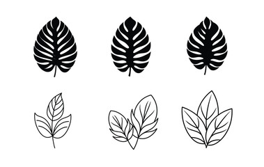 Set of stylized tropical leaves in black and white.