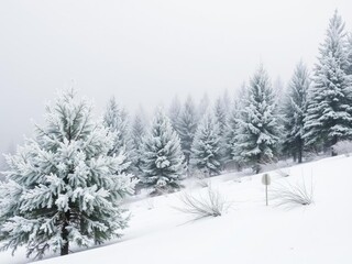 Frost-covered spruce trees in a tranquil winter landscape, perfect for wilderness tourism concepts and New Year greetings, winter scene, frosty day, spruce trees