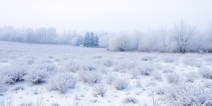 Frost-covered meadows, bushes, and trees in a stunning winter landscape, winter, scenic, frost - Powered by Adobe