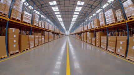 Empty warehouse interior with rows of stacked boxes and shelves