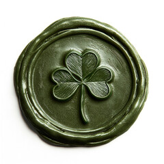 Round green wax seal with a shamrock clover, a symbol of Ireland. Wax seal with a clover symbol in the middle isolated on a white background