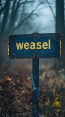 A Rusty Signpost with the Word 'Weasel' Stands Amongst the Foggy Forest, Surrounded by Dense Woods in a Mysterious Natural Setting