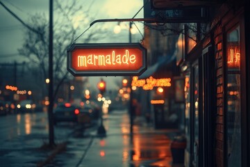 Dusk Street Scene with Rustic Neon Sign Illuminates "Marmalade" on a Rainy City Sidewalk Reflecting Colorful Urban Lights and Cozy Ambiance