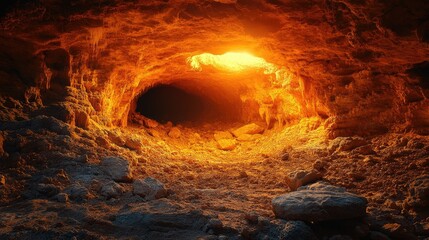 Glowing Cave Interior with Dark Tunnel Entrance and Golden Light