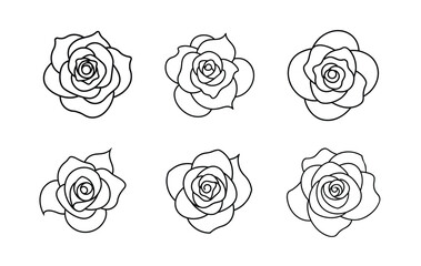 Six stylized rose outlines against a white background.