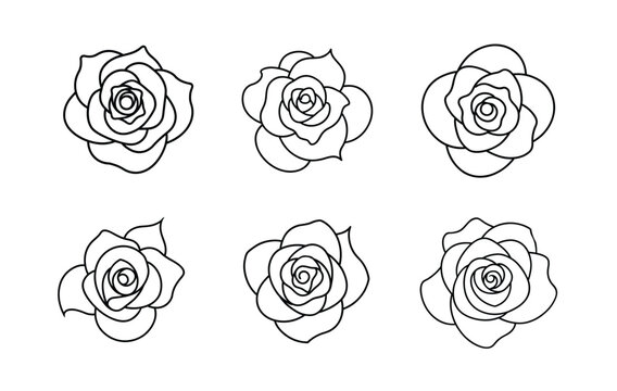 Six stylized rose outlines against a white background.