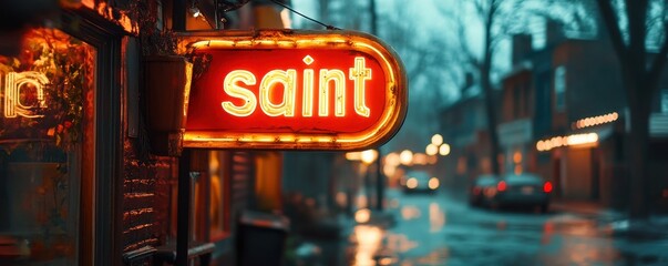 Neon Sign Displaying the Word "Saint" on a Rainy Evening in a Picturesque Urban Street with Vintage Charm and Soft Evening Lighting