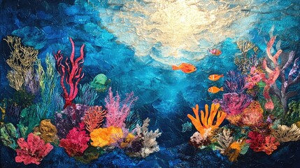 Obraz premium Vibrant Underwater Coral Reef Scene with Gold Highlights and Marine Life