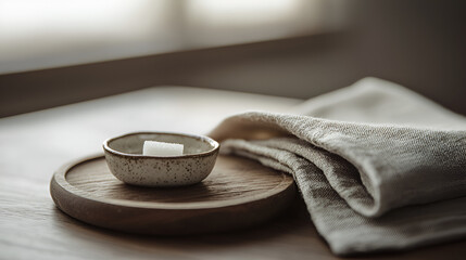A small dish of sugar rests on a wooden coaster next to a folded linen cloth, bathed in soft light.