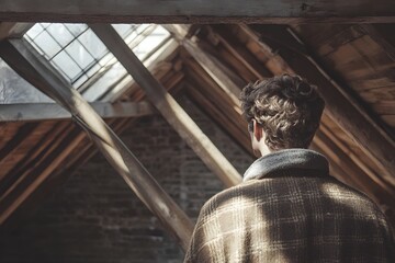 A conceptual shot of the man with a piece of wool draped over his shoulder, with the sun shining through the attic window, creating geometric shadows on the wooden beams. 