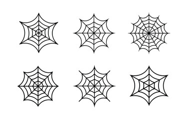 Six simple, black outline spider web icons against a white background.