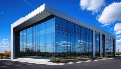 Fototapeta premium Modern glass office building exterior on sunny day.