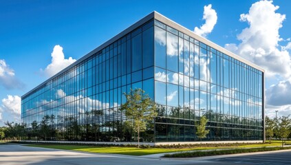 Modern glass office building reflecting sky and clouds.