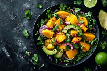 Mango avocado salad, lime, cilantro; dark background; healthy recipe
