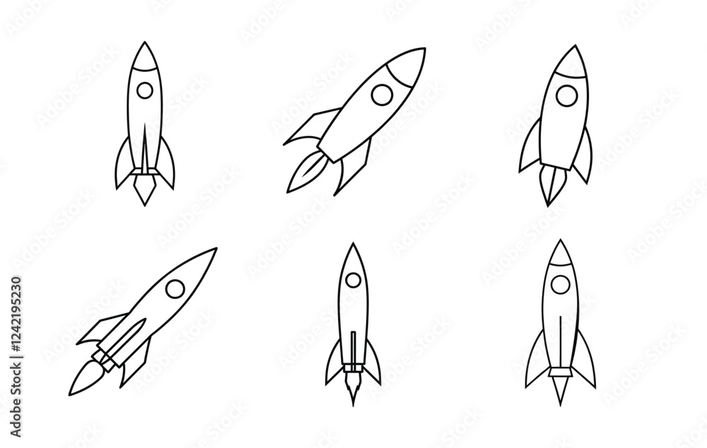 Poster simple rocket launch icons set for design projects