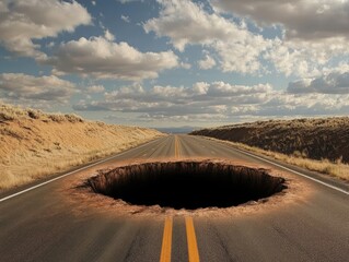 Surreal highway with a massive sinkhole disrupting the open road ahead