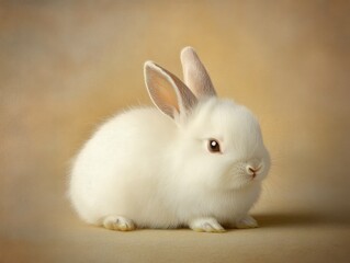 Fototapeta premium Fluffy Bunny Portrait: An adorable white bunny rabbit with soft fur and innocent eyes sits cutely, creating a captivating close-up portrait.