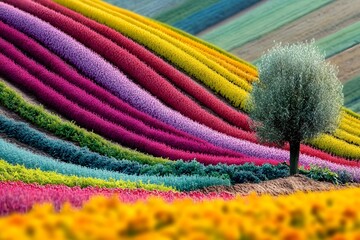 Vibrant Organic Garden: Rows of colorful vegetables growing in neat rows in an organic garden, contrasting with the simplicity of the surrounding farmland.