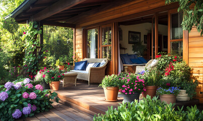 Naklejka premium Traditional Wooden Cabin with a Charming Front Porch, Inviting a Warm and Cozy Atmosphere