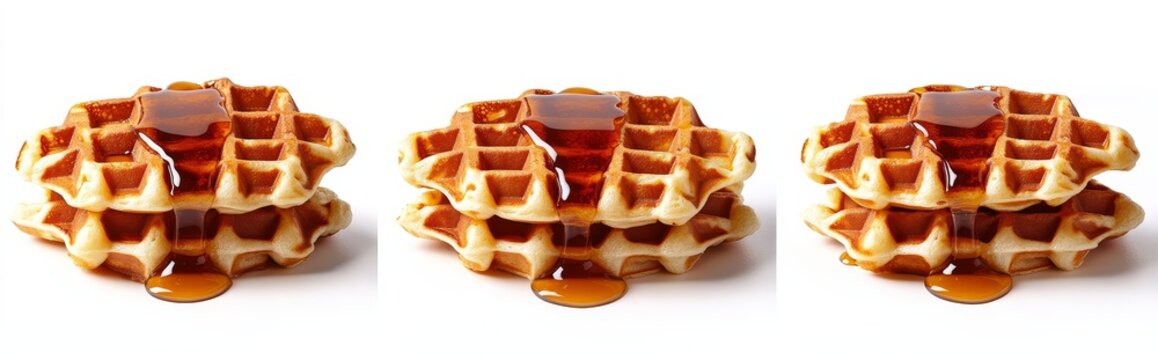 Three stacks of golden waffles drizzled with syrup, isolated on white background.