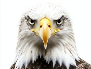 Obraz premium Majestic Gaze: A commanding bald eagle fixates the viewer with its intense gaze, showcasing its powerful features and embodying the spirit of freedom. 