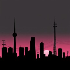 Obraz premium Silhouette of a city skyline at sunrise with a golden sky skyline silhouette 