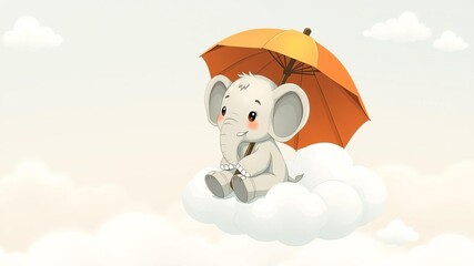 Cute baby elephant sitting on a fluffy cloud holding a green umbrella, wildlife, cartoon, cute