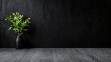 Dark room, vase, flowers, minimalist design, mockup