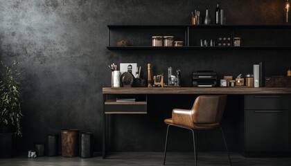 Dark and Moody Home Office Design with Industrial Elements.