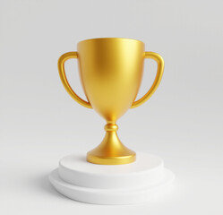 A minimalist 3D render of a golden trophy with a smooth reflective surface, standing proudly on a white podium, casting a perfect shadow