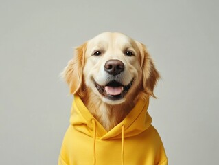 Stylish Golden Retriever: A charming golden retriever, sporting a bright yellow hoodie, poses with a joyful expression.