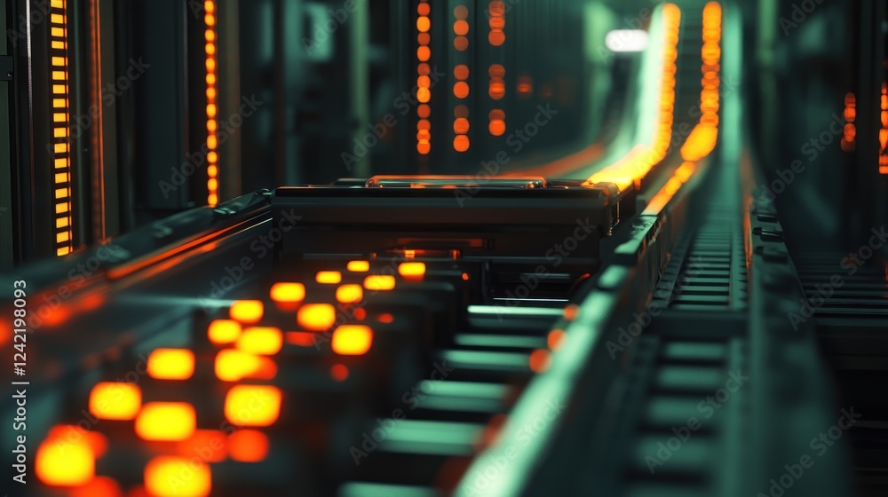 Poster conveyor belt with glowing elements in a factory.