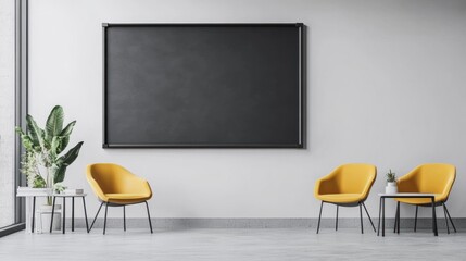 Modern waiting area with black board and yellow chairs.